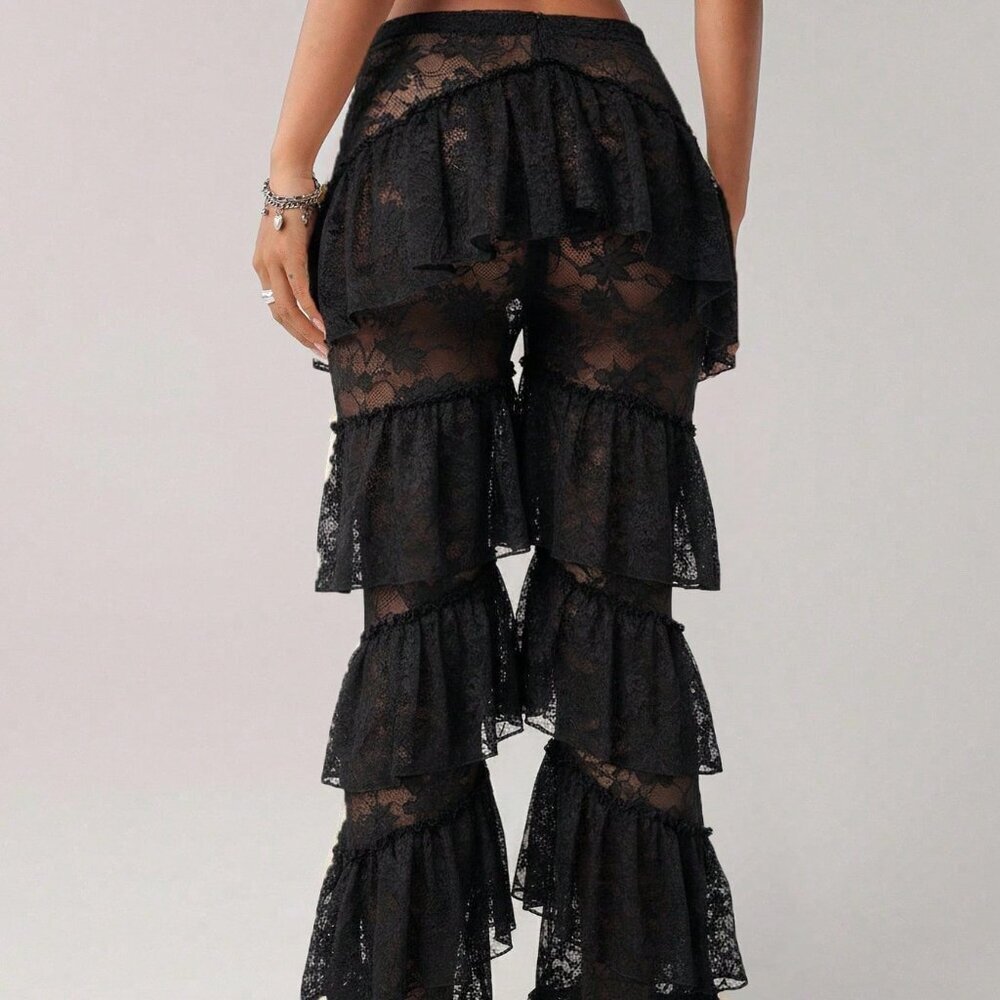 Black Y2k Women's Sexy Low Waist Western Party Pants with Ruffle Hem - Picture 3 of 5